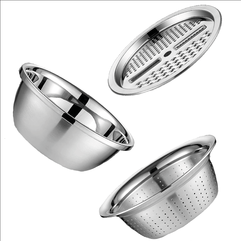 Conjunto de 3 Utensílios de Cozinha - Ralador/Fatiador, Escorredor e Bacia